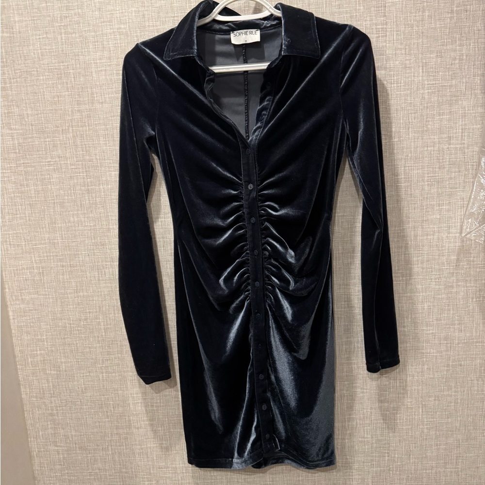 Blue Velvet Button-Down Dress